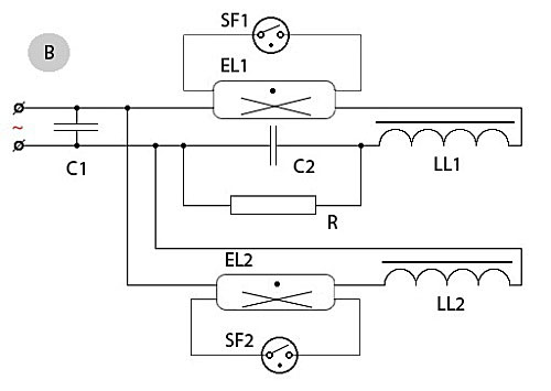 Схема подключения люминесцентного светильника